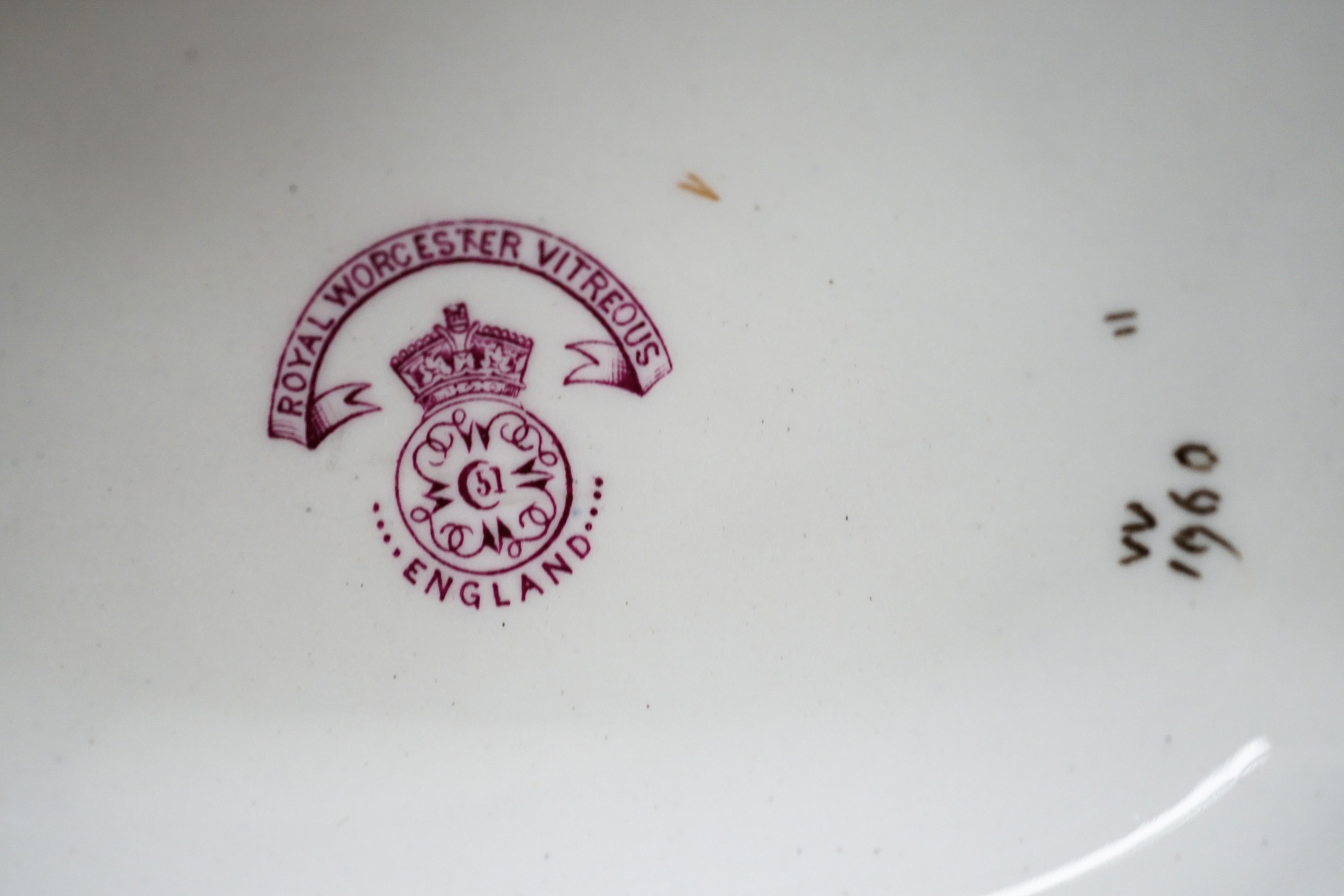 A Royal Worcester vitreous part dinner service, and a Doulton Burslem basin, 44cm